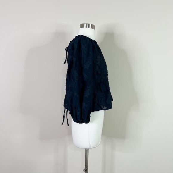 NEW Free People | Callie Puff Sleeve Flocked Open Tie Back Peplum Crop Top XS - Picture 7 of 12